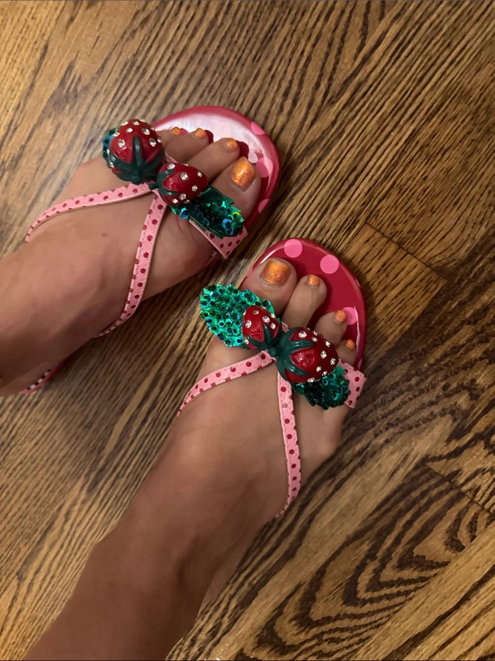Betsey Johnson Pink Polka Dot Sandals with Red Strawberry Embellishments